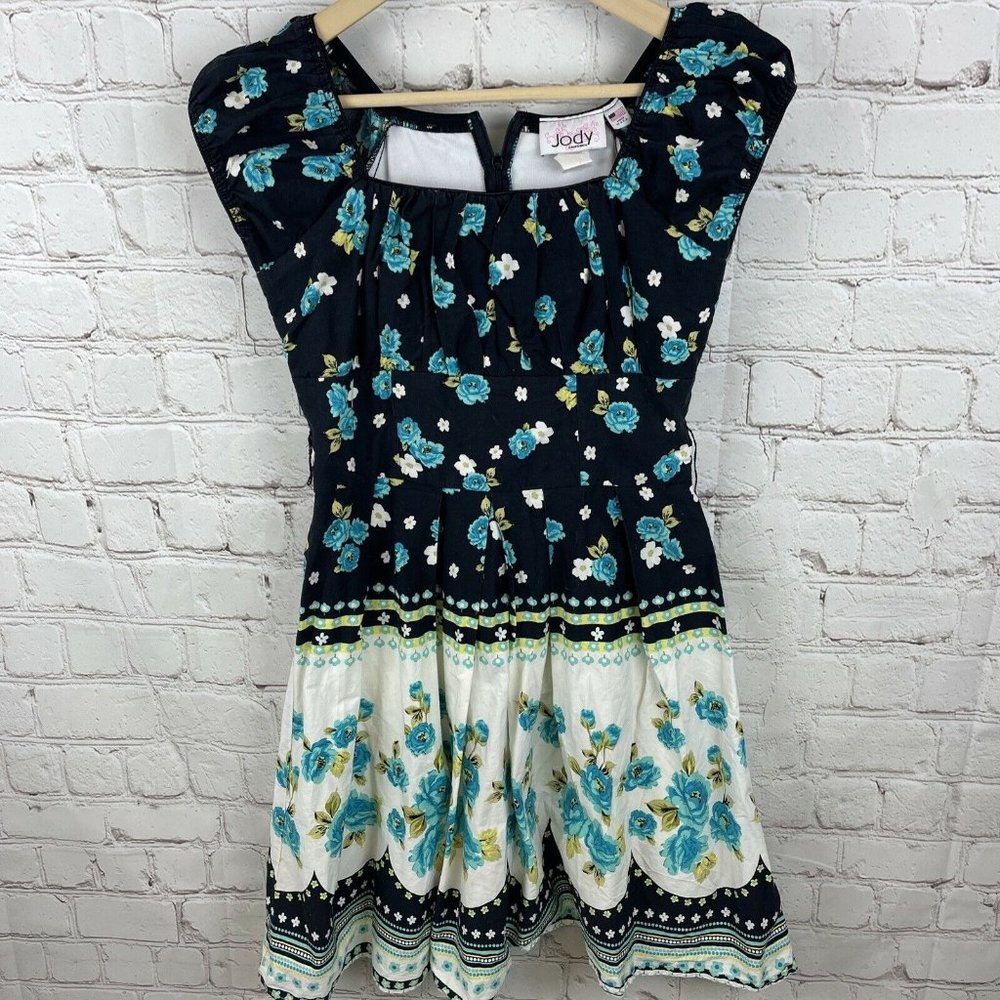 Vintage Jody California Fit & Flare Dress 7/8 Black Floral Dress Short Sleeve
